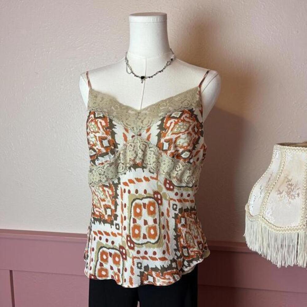 cottage silk babydoll vtg lace cami top  daisy fuentes sz pl tan orange cream